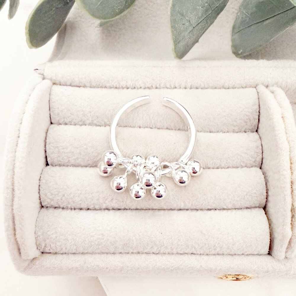 925 Sterling Silver Dangle Ball Ring Dangle Charm Ring Stackable Ring - Picture 4 of 8
